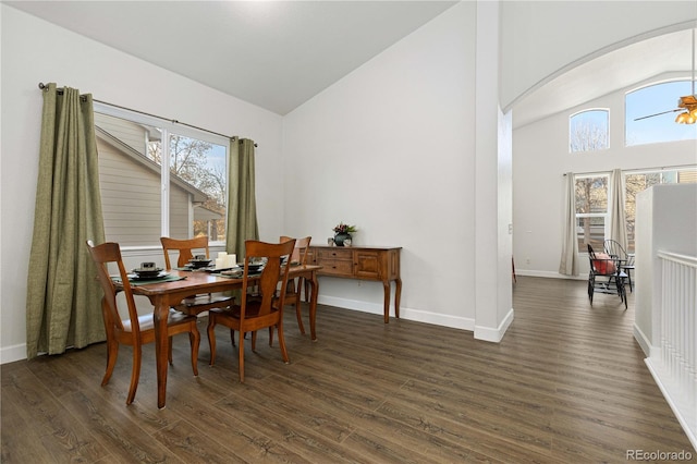 dining room with ceiling fan, dark hardwood / wood-style flooring, and a wealth of natural light