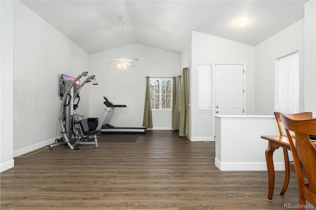 workout area featuring dark hardwood / wood-style floors, ceiling fan, and vaulted ceiling