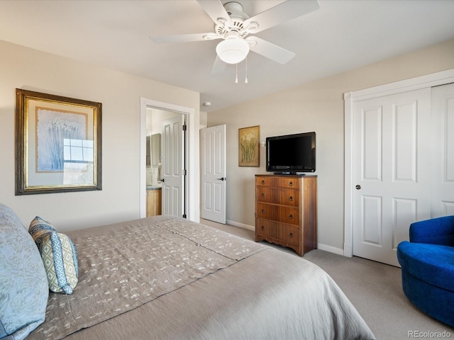 bedroom with light carpet, a closet, and ceiling fan