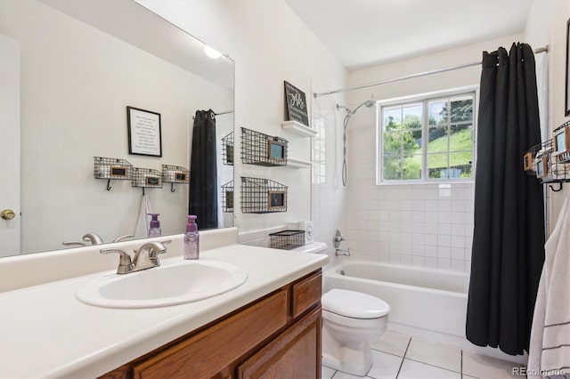 7822 W Ottawa Pl, Littleton, CO 80128 - bathroom with tile patterned flooring, toilet, shower / bathtub combination with curtain, and vanity