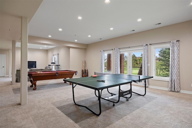 120 Silver Leaf Way, Castle Rock, CO 80108 - recreation room featuring light colored carpet, recessed lighting, baseboards, and pool table