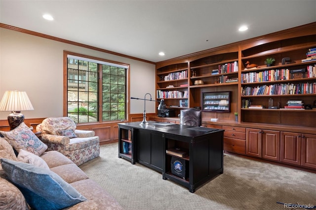 120 Silver Leaf Way, Castle Rock, CO 80108 - office with ornamental molding, wainscoting, light carpet, and recessed lighting