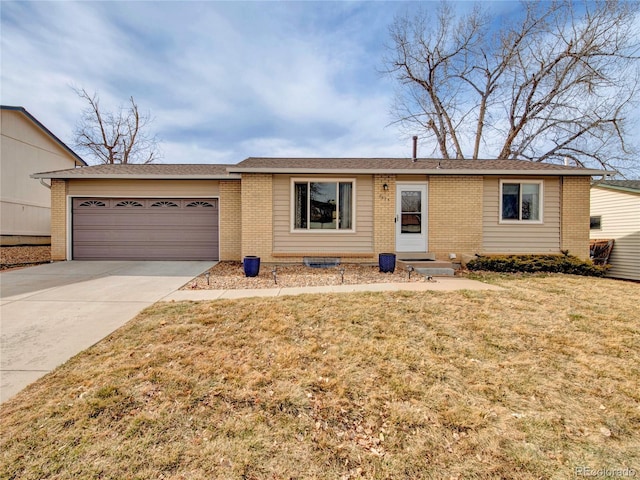 single story home with brick siding, driveway, a front lawn, and a garage