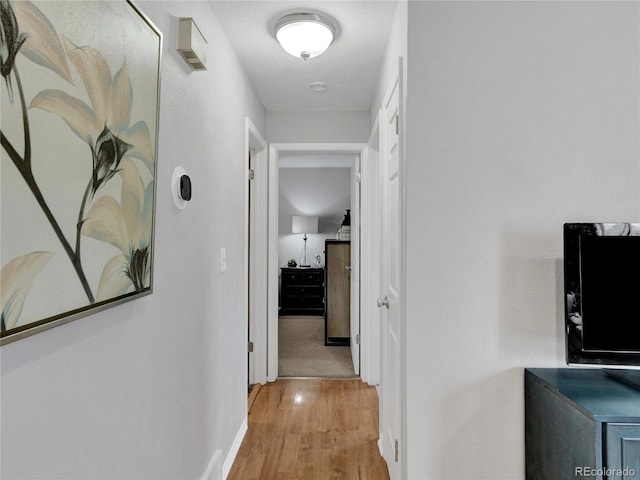 hall with baseboards and wood finished floors