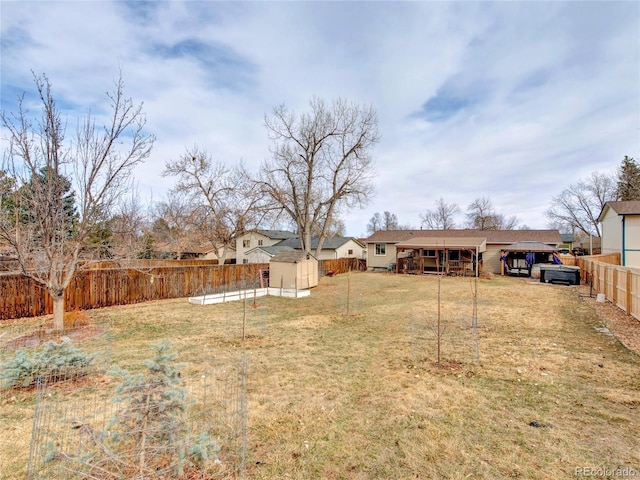 view of yard with an outbuilding, a storage unit, and a fenced backyard