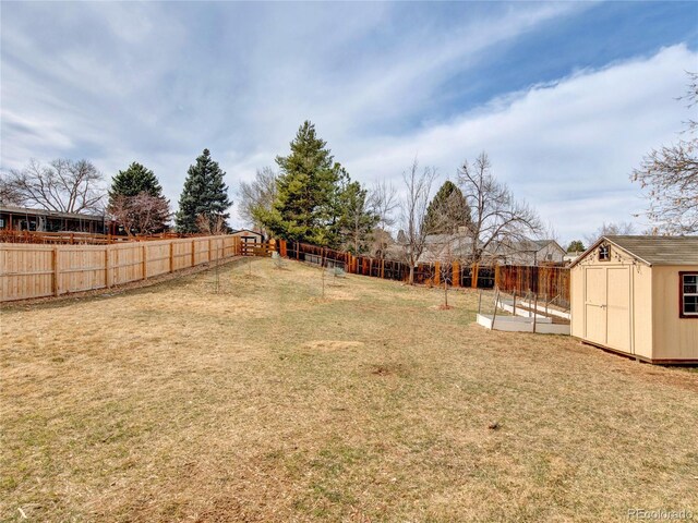 6523 S Field Way, Littleton, CO 80123 - fenced backyard featuring a storage unit