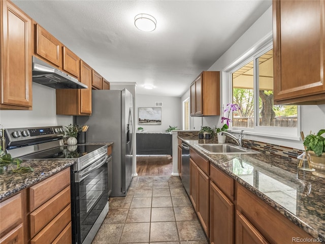 5995 Estes St, Arvada, CO 80004 - kitchen featuring appliances with stainless steel finishes, under cabinet range hood, a sink, brown cabinetry, and dark stone countertops