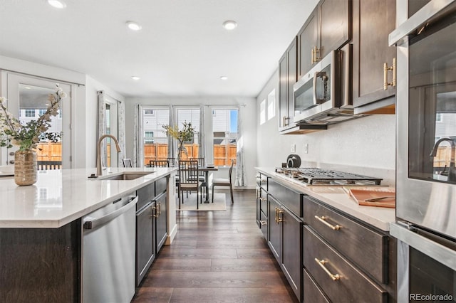 kitchen featuring dark brown cabinetry, dark wood-style floors, stainless steel appliances, light countertops, and a sink