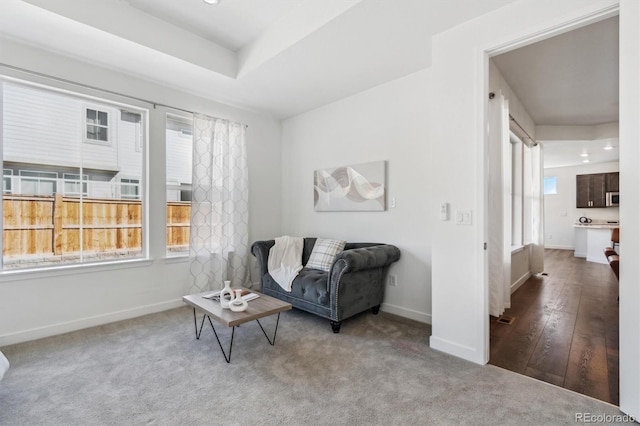 living area featuring plenty of natural light, carpet flooring, and baseboards