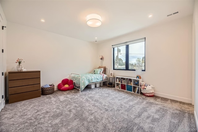 carpeted bedroom with baseboards, recessed lighting, and visible vents