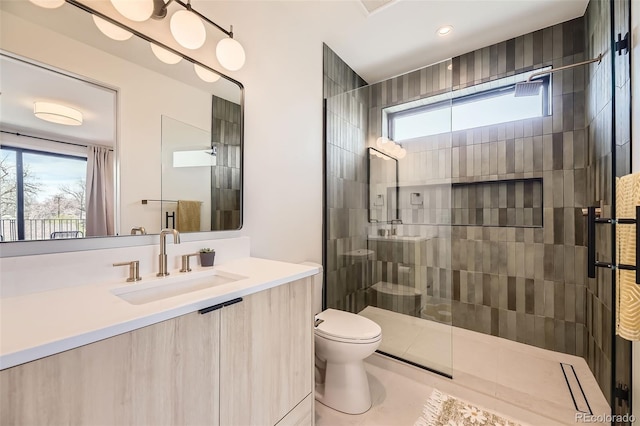 full bathroom featuring toilet, vanity, and a walk in shower