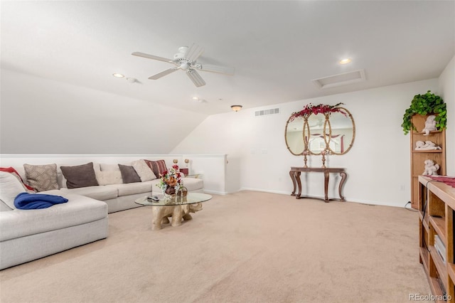 living room featuring light carpet, ceiling fan, and lofted ceiling