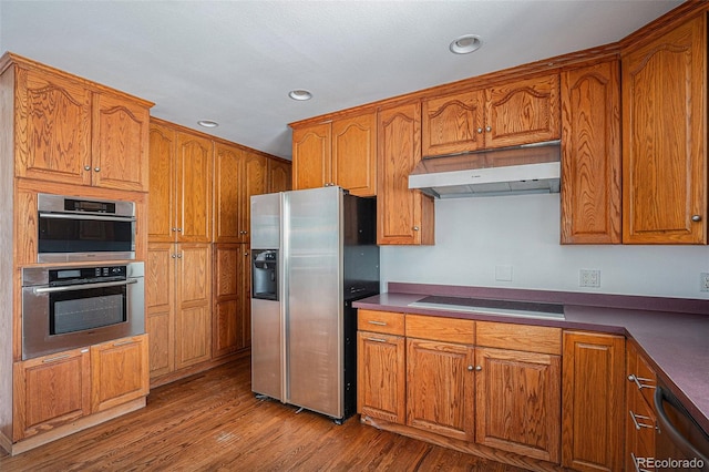 kitchen with wood-type flooring, ventilation hood, and stainless steel appliances