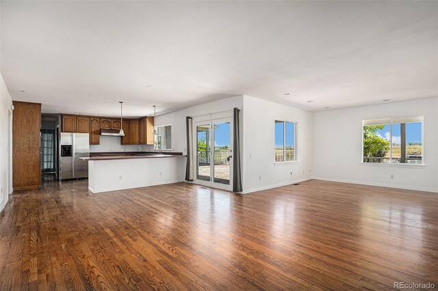 unfurnished living room featuring sink and dark wood-type flooring