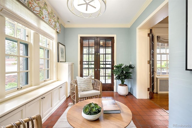 living area featuring radiator, crown molding, a wealth of natural light, and french doors