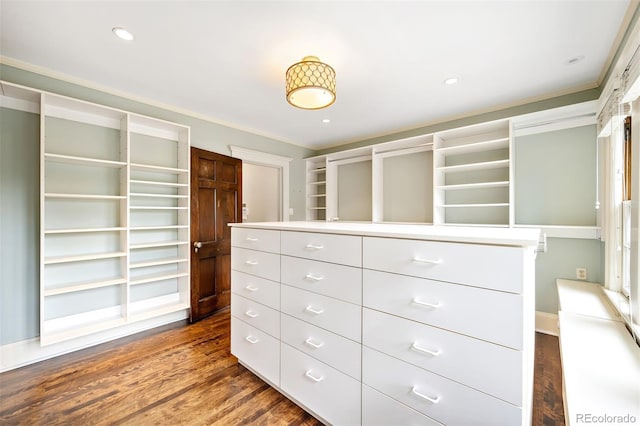 walk in closet with dark wood-type flooring