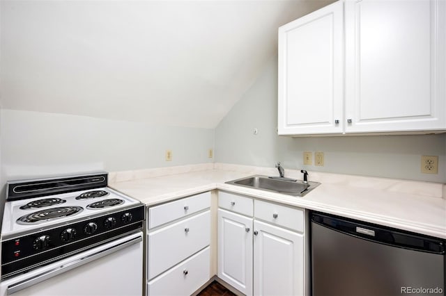 kitchen with vaulted ceiling, electric range oven, white cabinetry, dishwasher, and sink