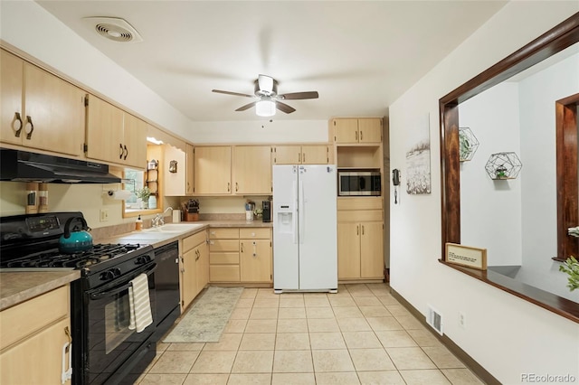 6371 Brooks Dr, Arvada, CO 80004 - kitchen featuring black appliances, under cabinet range hood, light brown cabinetry, a ceiling fan, and light countertops