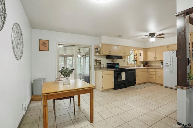 6371 Brooks Dr, Arvada, CO 80004 - kitchen featuring black appliances, a ceiling fan, light countertops, under cabinet range hood, and light brown cabinetry