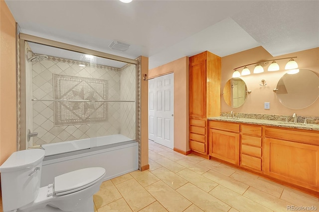 full bath featuring visible vents, a sink, toilet, and enclosed tub / shower combo