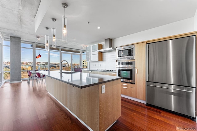 kitchen with appliances with stainless steel finishes, dark wood-type flooring, sink, wall chimney range hood, and an island with sink