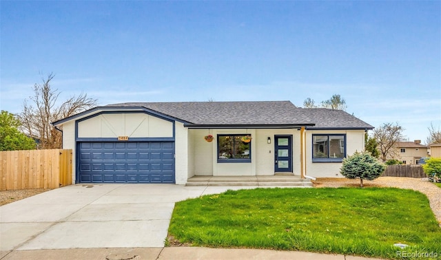 view of front of home with a garage, concrete driveway, a shingled roof, brick siding, and covered porch
