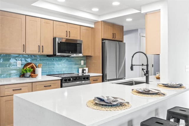kitchen featuring appliances with stainless steel finishes, a sink, a raised ceiling, backsplash, and recessed lighting