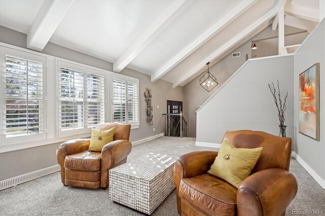 sitting room featuring lofted ceiling with beams, carpet, a baseboard heating unit, and an inviting chandelier