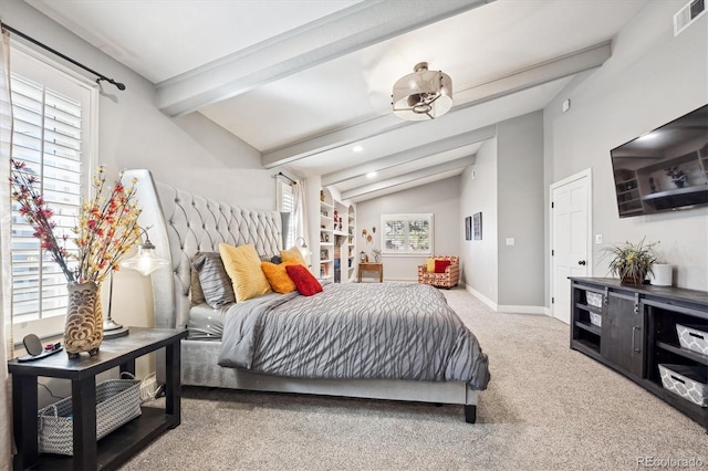 carpeted bedroom featuring lofted ceiling with beams