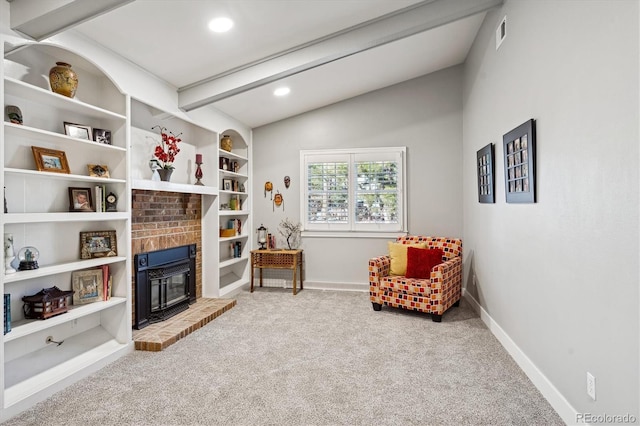 living area featuring carpet floors, vaulted ceiling with beams, and built in features