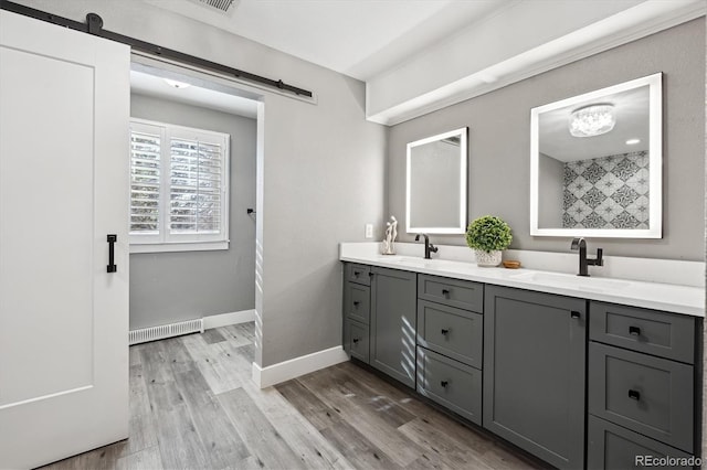 bathroom featuring hardwood / wood-style flooring and vanity