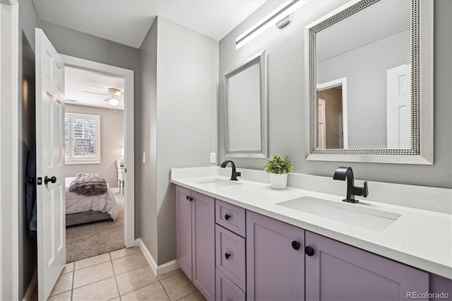 bathroom with vanity, tile patterned floors, and ceiling fan