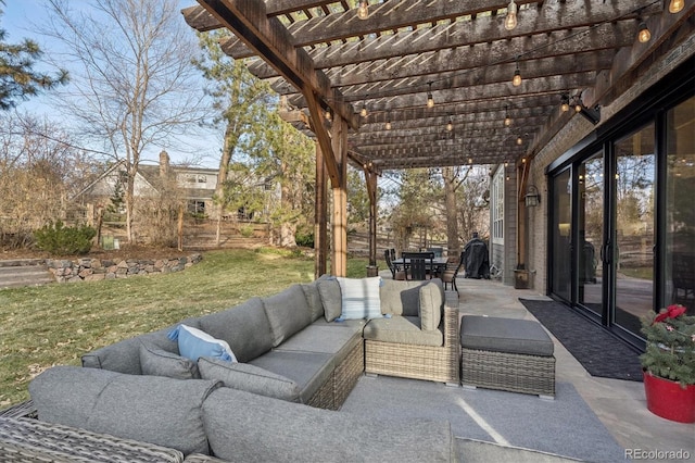 view of patio / terrace featuring an outdoor hangout area and a pergola