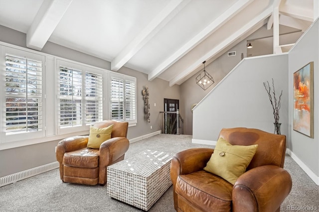 sitting room featuring vaulted ceiling with beams, carpet floors, a baseboard radiator, and visible vents