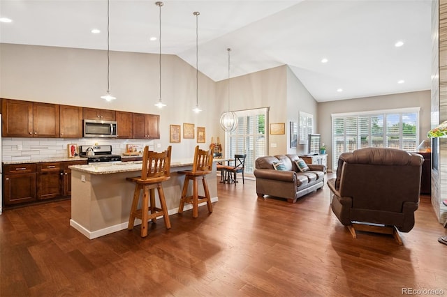 5795 Xenon Way, Arvada, CO 80002 - kitchen with appliances with stainless steel finishes, high vaulted ceiling, open floor plan, dark wood finished floors, and light stone counters