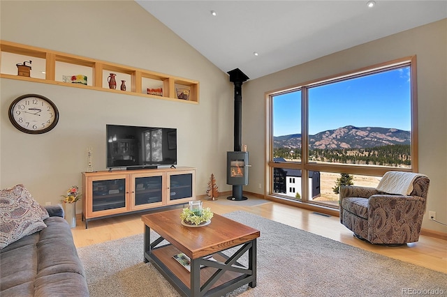 96 Garnet Ln, Pine, CO 80470 - living area with wood finished floors, high vaulted ceiling, recessed lighting, and a wood stove