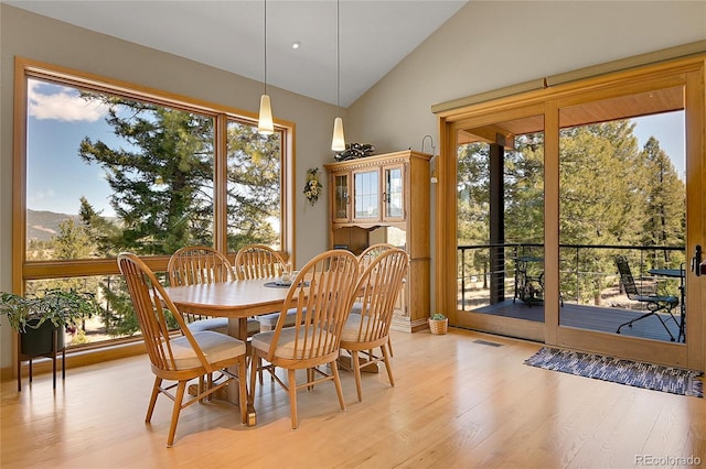 96 Garnet Ln, Pine, CO 80470 - dining area with light wood finished floors, healthy amount of natural light, and high vaulted ceiling