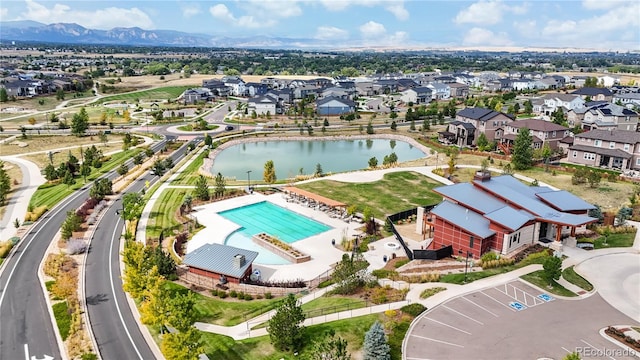 drone / aerial view featuring a mountain view