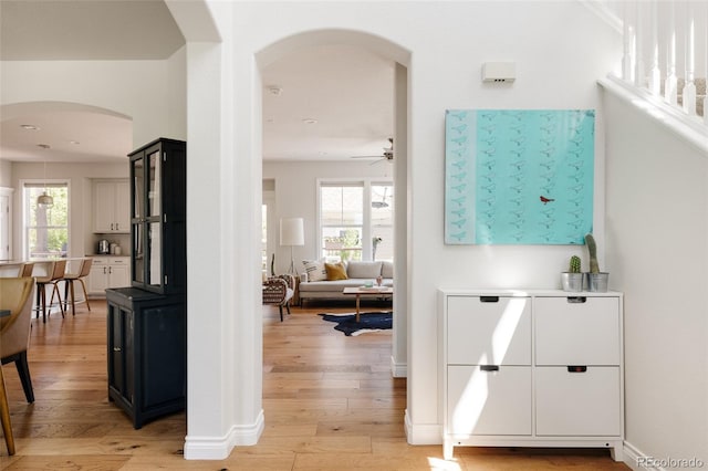 10069 E 28th Ave, Denver, CO 80238 - hall featuring arched walkways, light wood-style floors, and healthy amount of natural light