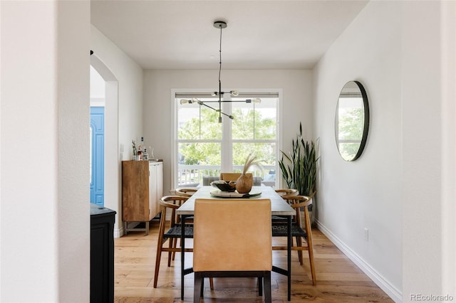 10069 E 28th Ave, Denver, CO 80238 - dining area with light wood-style floors, arched walkways, and a chandelier