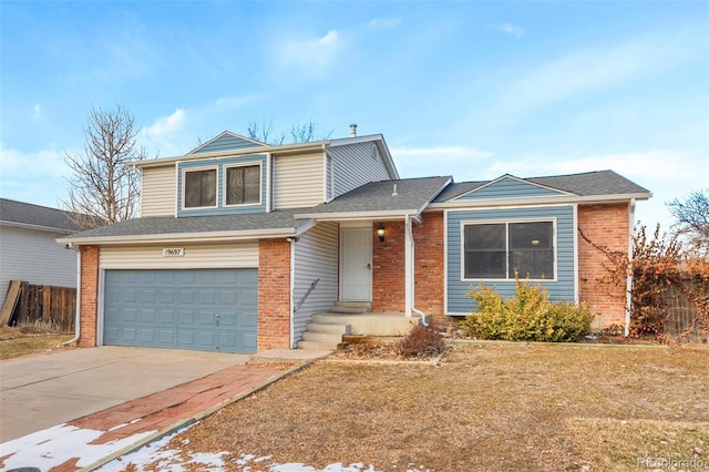 view of front of house featuring a garage, a shingled roof, concrete driveway, fence, and brick siding