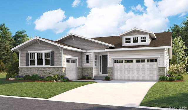4021 Emerald Shore Dr, Loveland, CO 80538 - craftsman-style house featuring driveway, a front lawn, and stone siding
