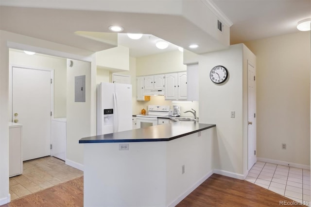 kitchen with electric panel, white cabinetry, white appliances, and light wood-type flooring