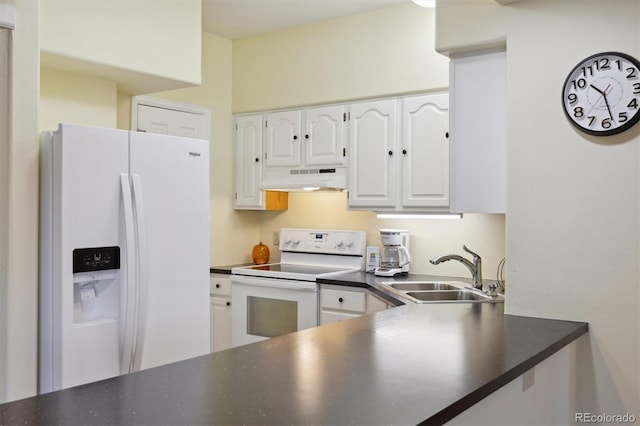 kitchen featuring white cabinets, white appliances, and sink