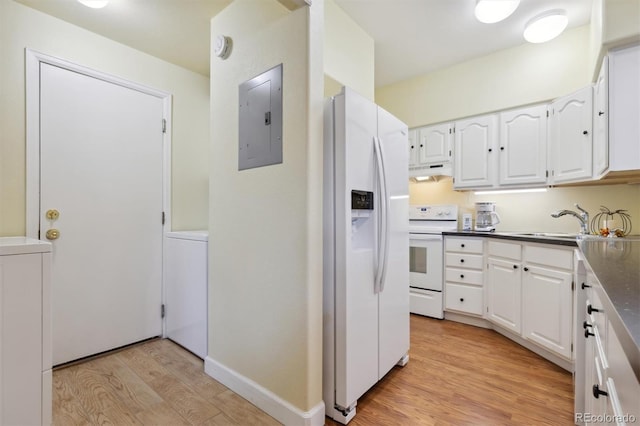 kitchen featuring electric panel, washer / clothes dryer, light hardwood / wood-style floors, white appliances, and white cabinets