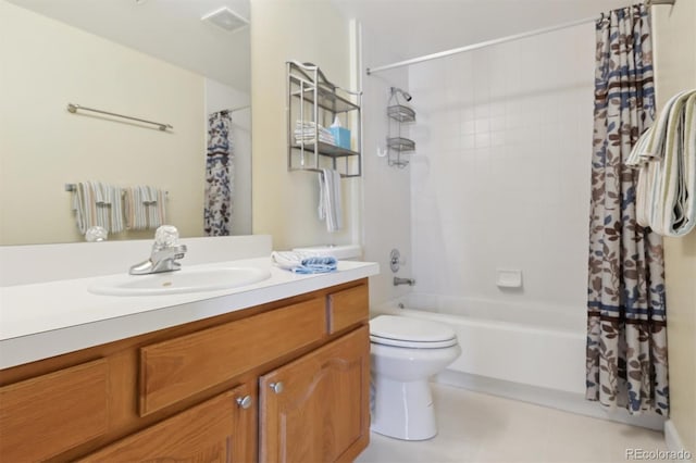 full bathroom with vanity, toilet, and shower / bathtub combination with curtain