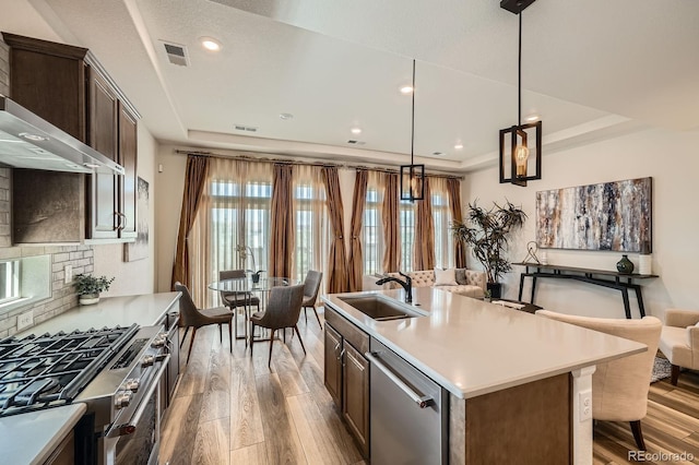 21701 E 50th Dr, Aurora, CO 80019 - kitchen with stainless steel appliances, light wood-type flooring, a sink, a tray ceiling, and recessed lighting