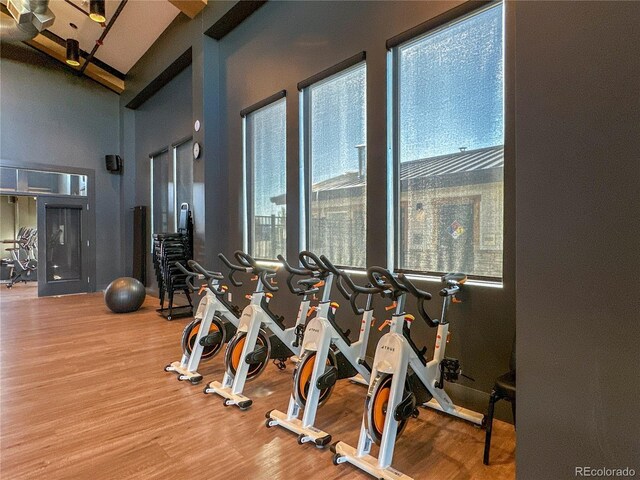 21701 E 50th Dr, Aurora, CO 80019 - exercise room featuring wood finished floors and a high ceiling