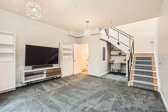 unfurnished living room featuring dark carpet, stairway, an inviting chandelier, electric panel, and baseboards