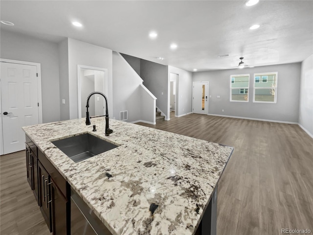 kitchen featuring light stone countertops, sink, a kitchen island with sink, and light wood-type flooring